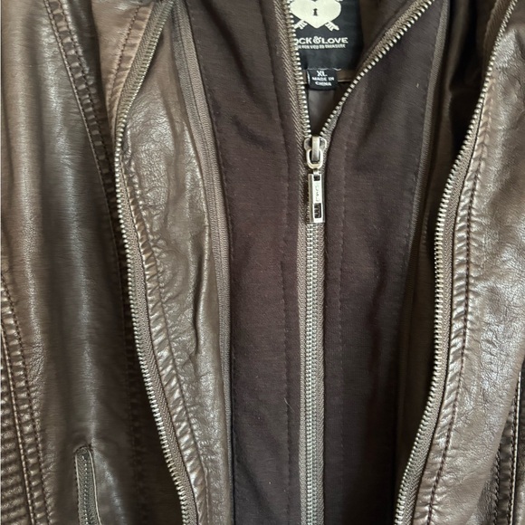Lock & Love brown faux leather hooded motorcycle jacket size XL - Picture 5 of 7